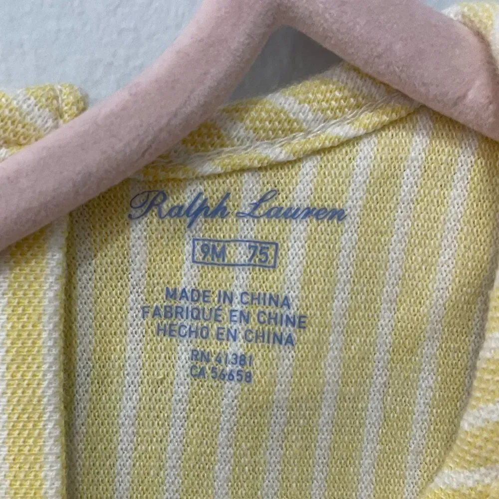 RALPH LAUREN Cotton Baby Girl Pastel Yellow Ruffle Romper Size 9 Months